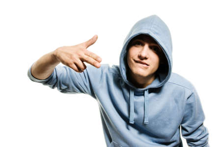 Young handsome man in a hood isolated on white backgroundの写真素材