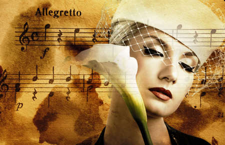 Beautiful woman over abstract melody backgroundの写真素材