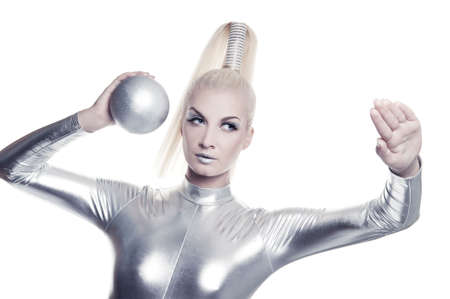 Beautiful cyber woman with silver ballの写真素材