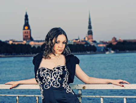 Brunette woman outdoorsの写真素材