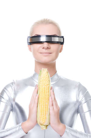 Cyber woman with a corn の写真素材