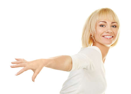 Portrait of a beautiful blond woman isolated on white backgroundの写真素材