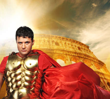 Roman legionary soldier in front of coliseumの写真素材