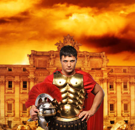 Roman legionary soldier in front of Trevi fountainの写真素材