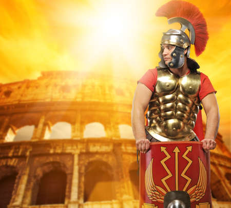 Roman legionary soldier in front of coliseumの写真素材