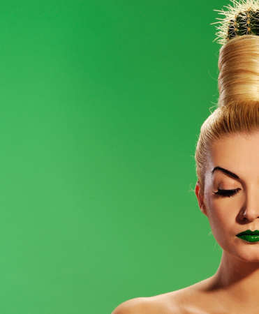 Woman with cactus in her hairの写真素材