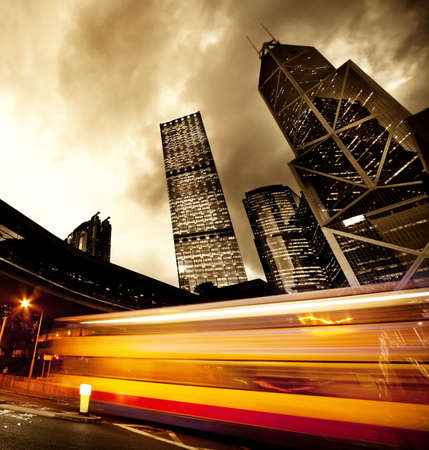 Fast moving bus at nightの写真素材