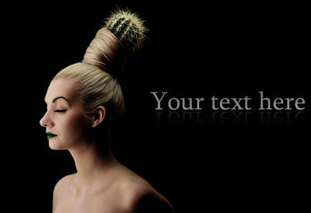 Woman with cactus in her hairの写真素材
