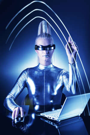 Beautiful cyber woman pointing at something