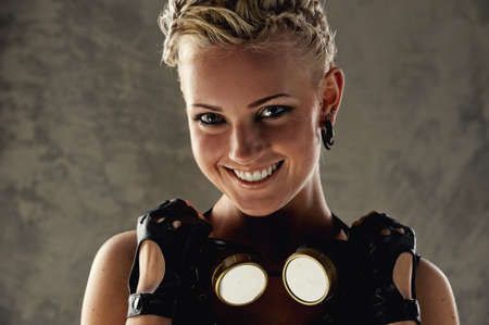 Close-up portrait of a steam punk girlの写真素材