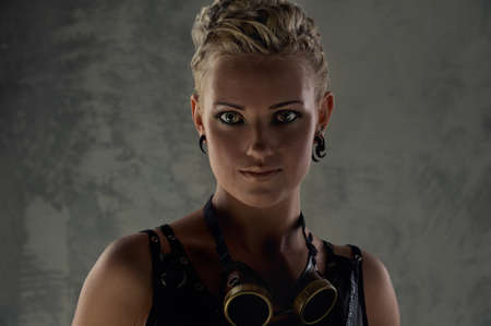 Close-up portrait of a steam punk girlの写真素材