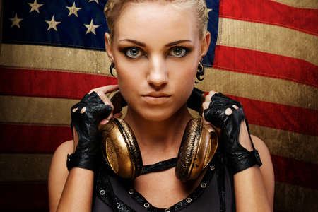 Steam punk girl against american flag.の写真素材