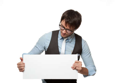 Young fashionable man with a blank sign.の写真素材