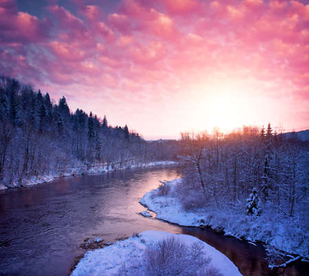 Beautiful river in  winter landscape.の写真素材
