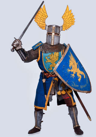 Medieval knight isolated on grey background.の写真素材