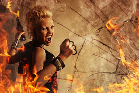 Punk girl throwing a bottle.