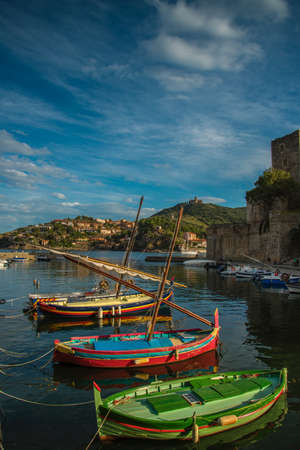 Colorful boats in Collioure bayの写真素材
