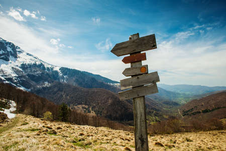 Hiking trails signs in a mountains の写真素材