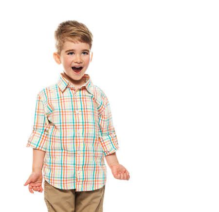 Little funny boy isolated on white background の写真素材