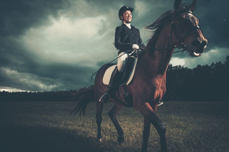 Beautiful girl sitting on a horse outdoors against moody skyの写真素材