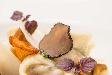 Dumpling with mushrooms and slice of meat の写真素材