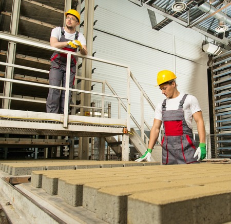 Worker and foreman in a safety hats on a factory  の写真素材
