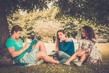 Group of multi ethnic students in a city park の写真素材