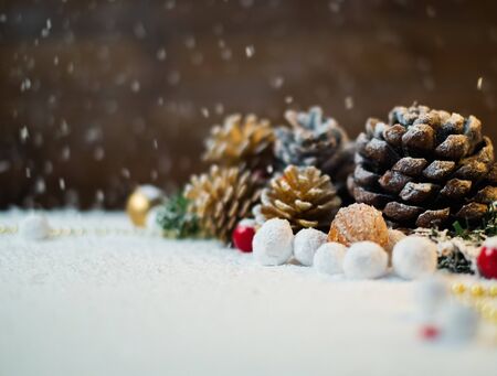 Christmas still life with cones on a snow の写真素材