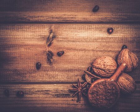 Coffee and cocoa theme still-life with copy-space on wooden table