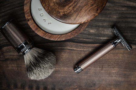 Shaving accessories on a luxury wooden backgroundの写真素材