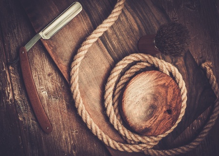 Shaving accessories on a luxury wooden backgroundの写真素材