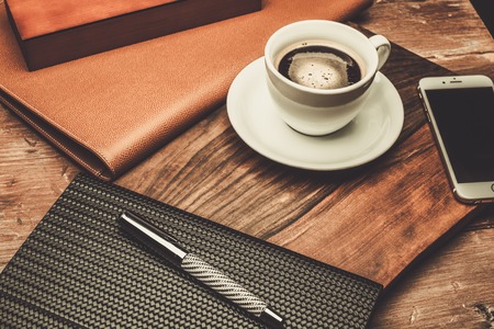 Luxurious businessman tools on a wooden tableの写真素材