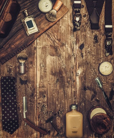 Gentleman's accessories on a on a luxury wooden boardの写真素材