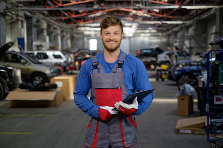 Cheerful serviceman in a car workshopの写真素材
