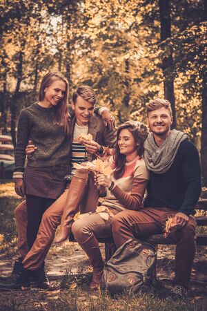 Cheerful friends in autumn parkの写真素材