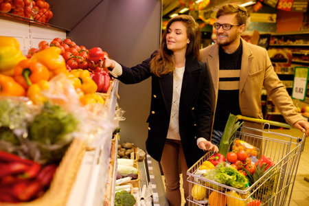 Couple choosing vegetables in a grocery storeの写真素材