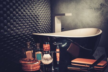 Gentleman's accessories in a luxury bathroom interior.の写真素材