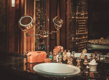 Shaving accessories in a luxury bathroom interior.の写真素材