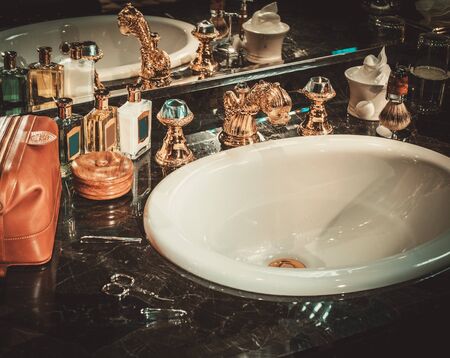 Shaving accessories in a luxury bathroom interior.の写真素材