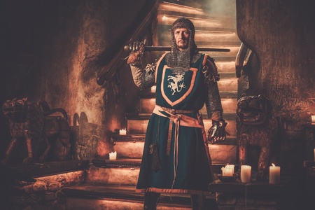 Medieval knight on guard in ancient castle interior.