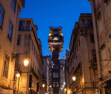View of illuminated elevator the Santa Justa in Lisbon, Portugal.の写真素材