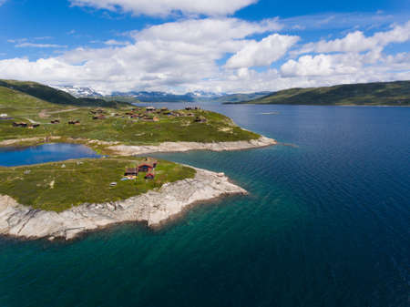 Amazing aerial view of scenic Norway islands, Vang, Oppland.の写真素材