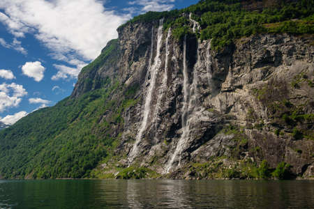 Beautiful view of Seven Sisters Waterfall, Geirangerfjord, Norwayの写真素材
