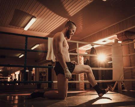 Professional fighter warm-up on training ringの写真素材