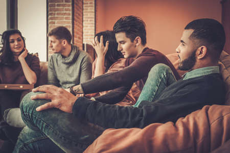 Group of multi ethnic young friends having fun in home interiorの写真素材