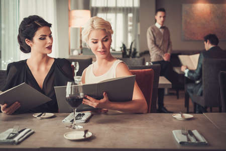 Two charming ladies with menu in restaurant