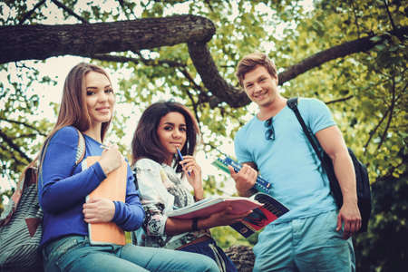 Group of multi ethnic students in a city parkの写真素材