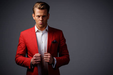 Stylish man in red jacketの写真素材