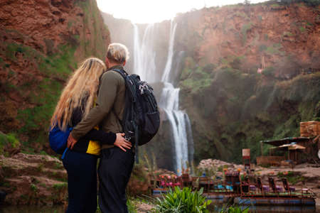 Adventurer couple near Ouzoud waterfall in Moroccoの写真素材