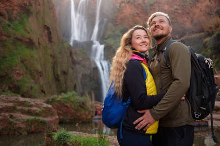 Adventurer couple near Ouzoud waterfall in Moroccoの写真素材